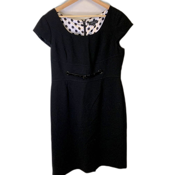 Tahari Ethan Black Knee Length Cap Sleeve Sheath Dress With Patent Belt Size 14 - Picture 2 of 13